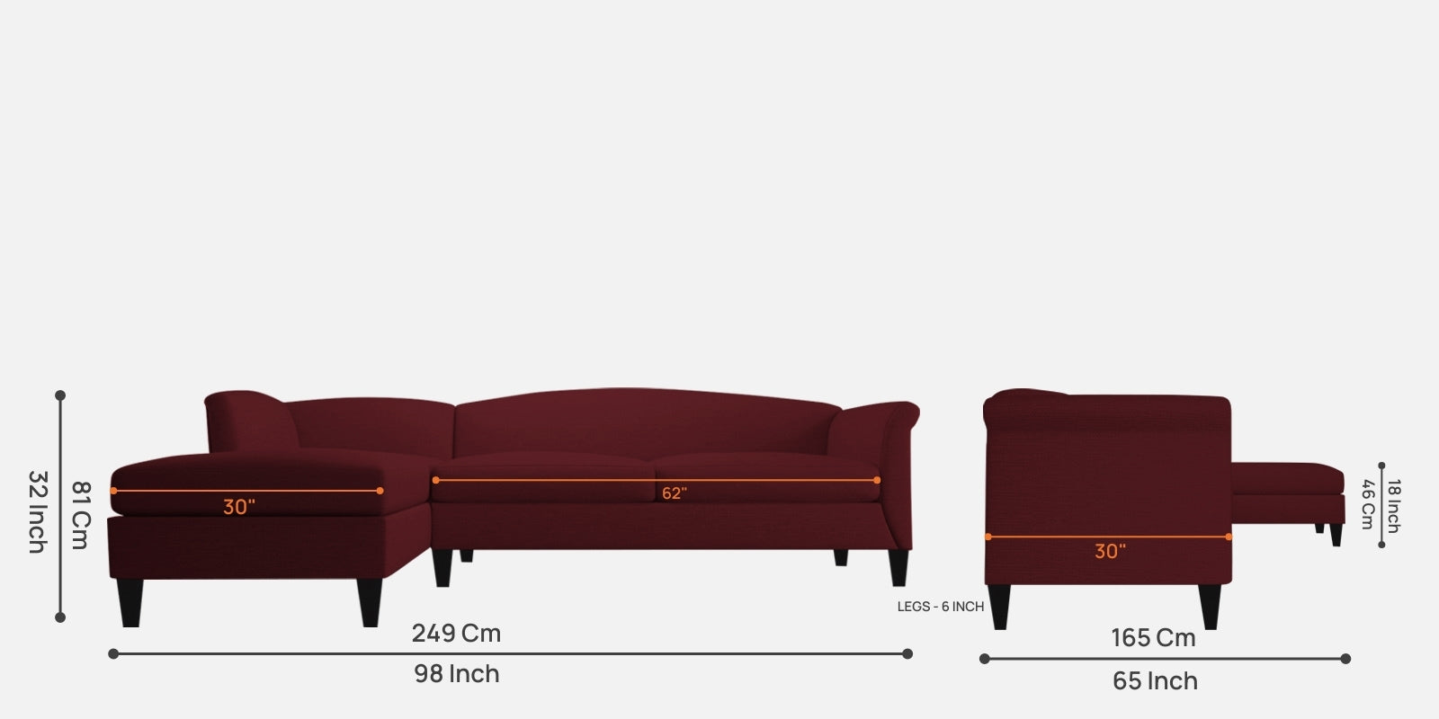 Kimber Fabric RHS Sectional Sofa (3+Lounger) In Blood Maroon Colour - Febonic Living
