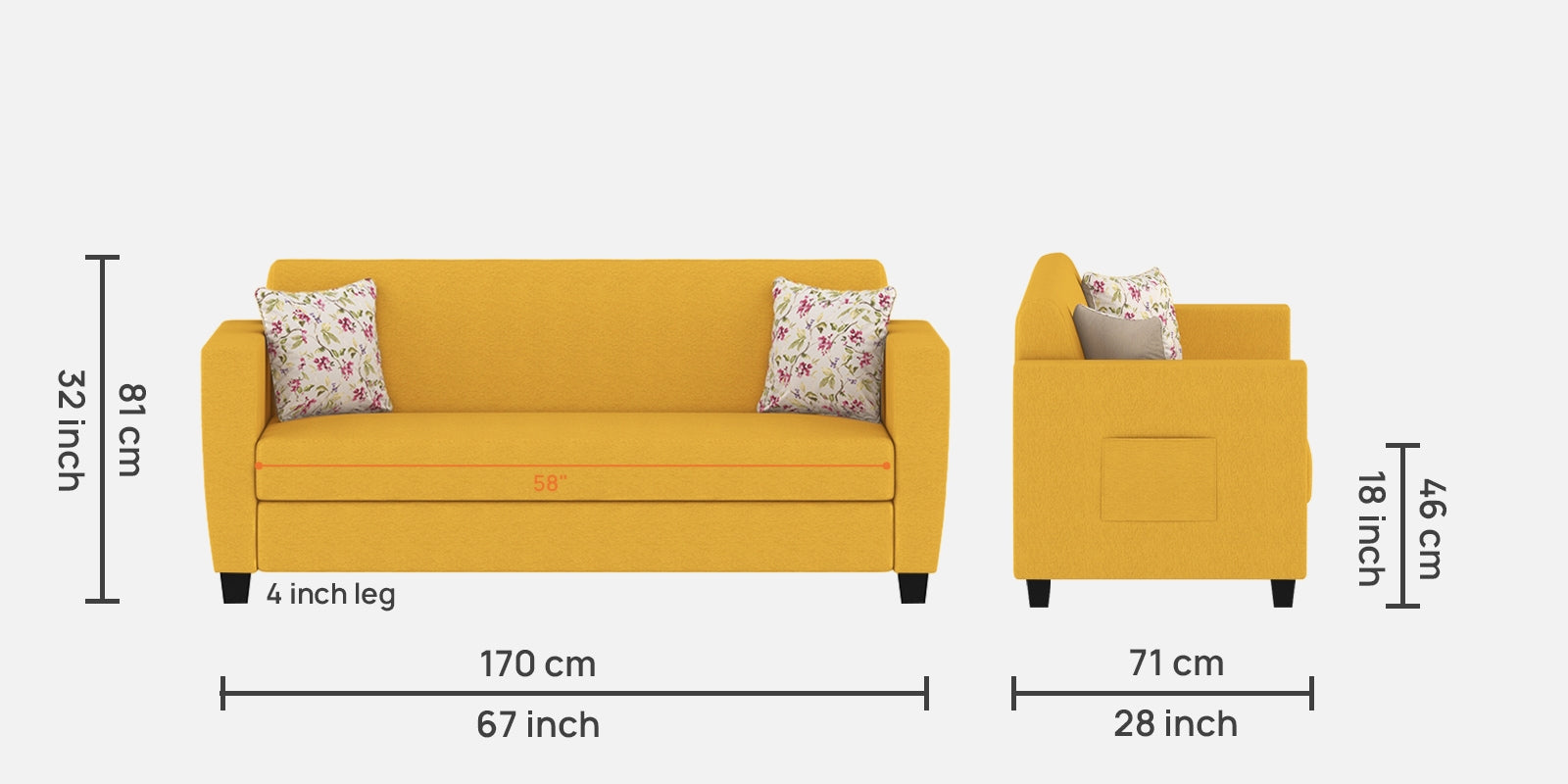 Gozi Fabric 3 Seater Sofa In Bold Yellow Colour - Febonic Living