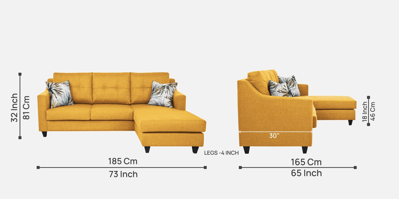 Welly Fabric LHS Sectional Sofa (2+Lounger) In Bold Yellow Colour - Febonic Living