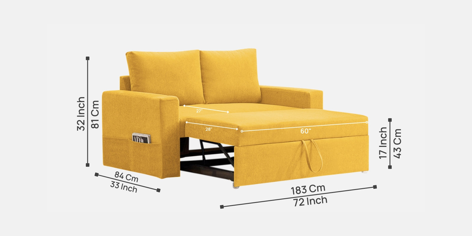 Kara Fabric 2 Seater Pull Out Sofa Cum Bed In Bold Yellow Colour - Febonic Living