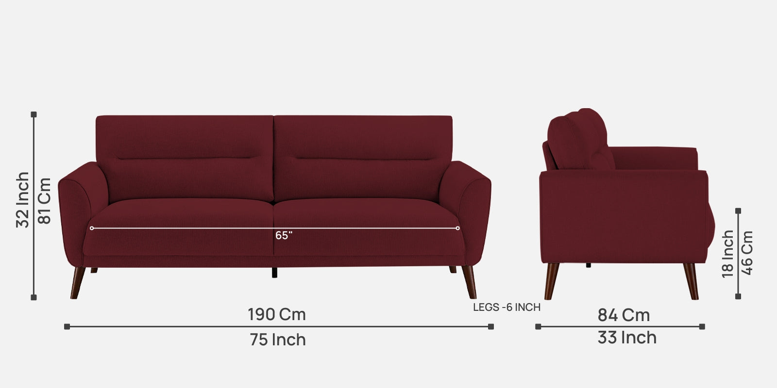 Castro Fabric 3 Seater Sofa In Blood Maroon Colour - Febonic Living