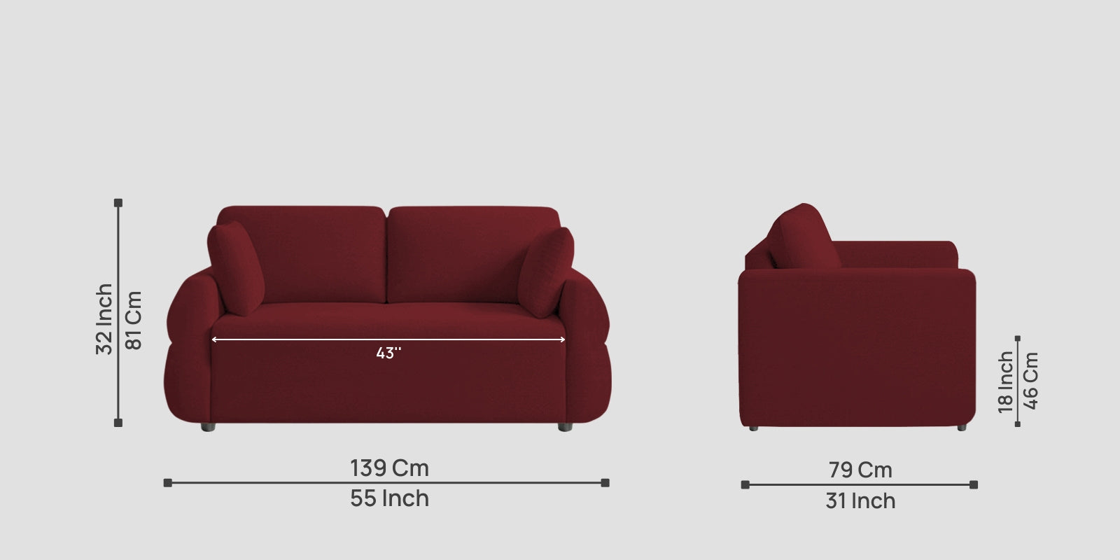 Jack Fabric 2 Seater Sofa In Blood Maroon Colour - Febonic Living