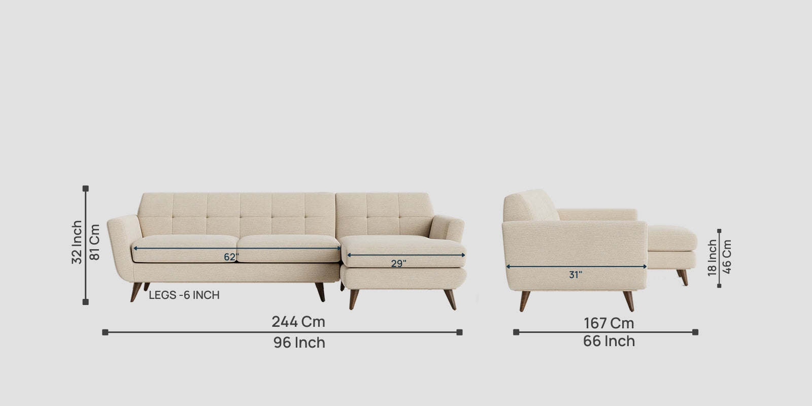 Jasmin Fabric LHS Sectional Sofa In (3+ Lounger) Ivory Cream Colour - Febonic Living