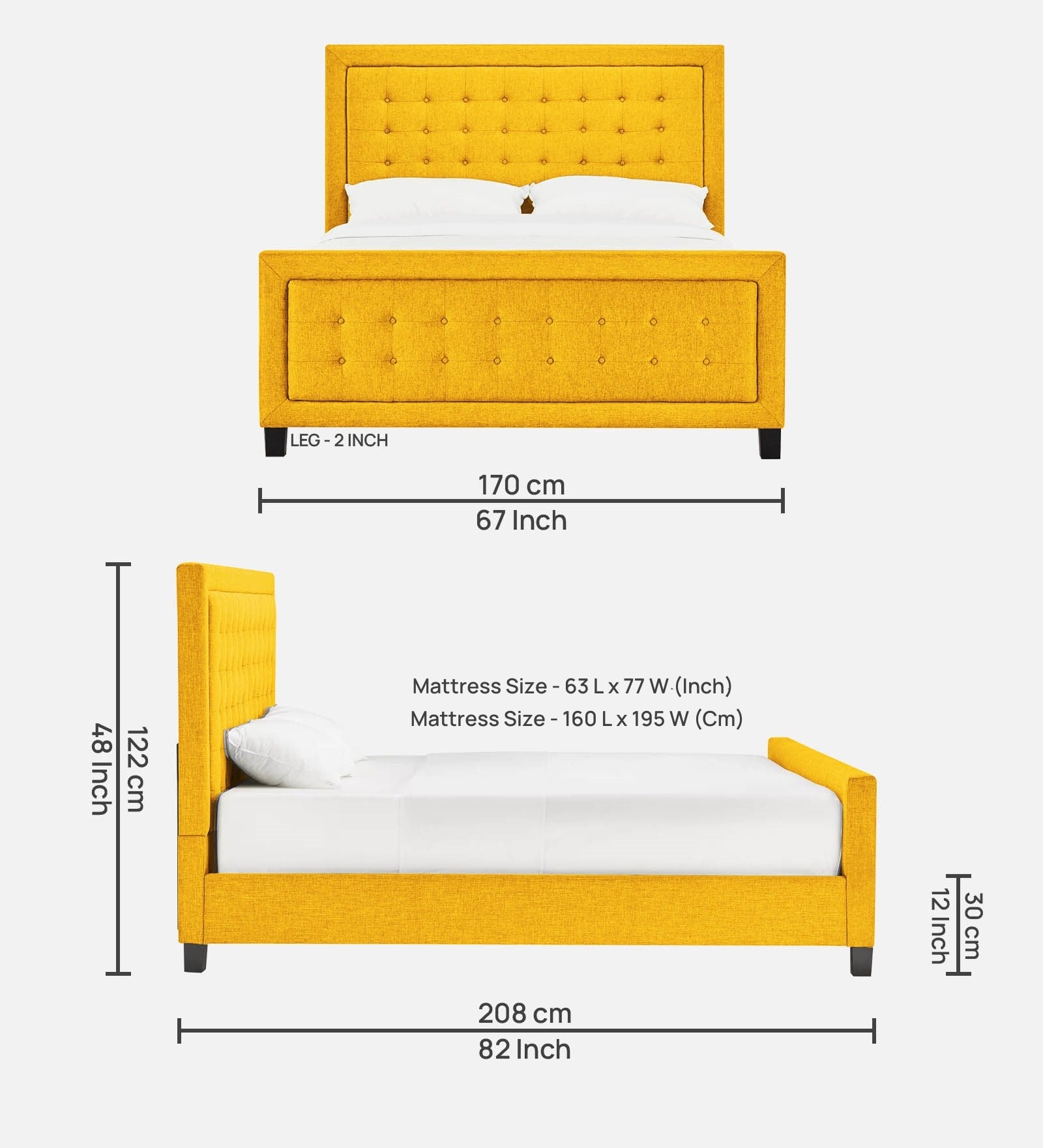 Kaster Fabric Queen Size Bed In Bold Yellow Colour - Febonic Living