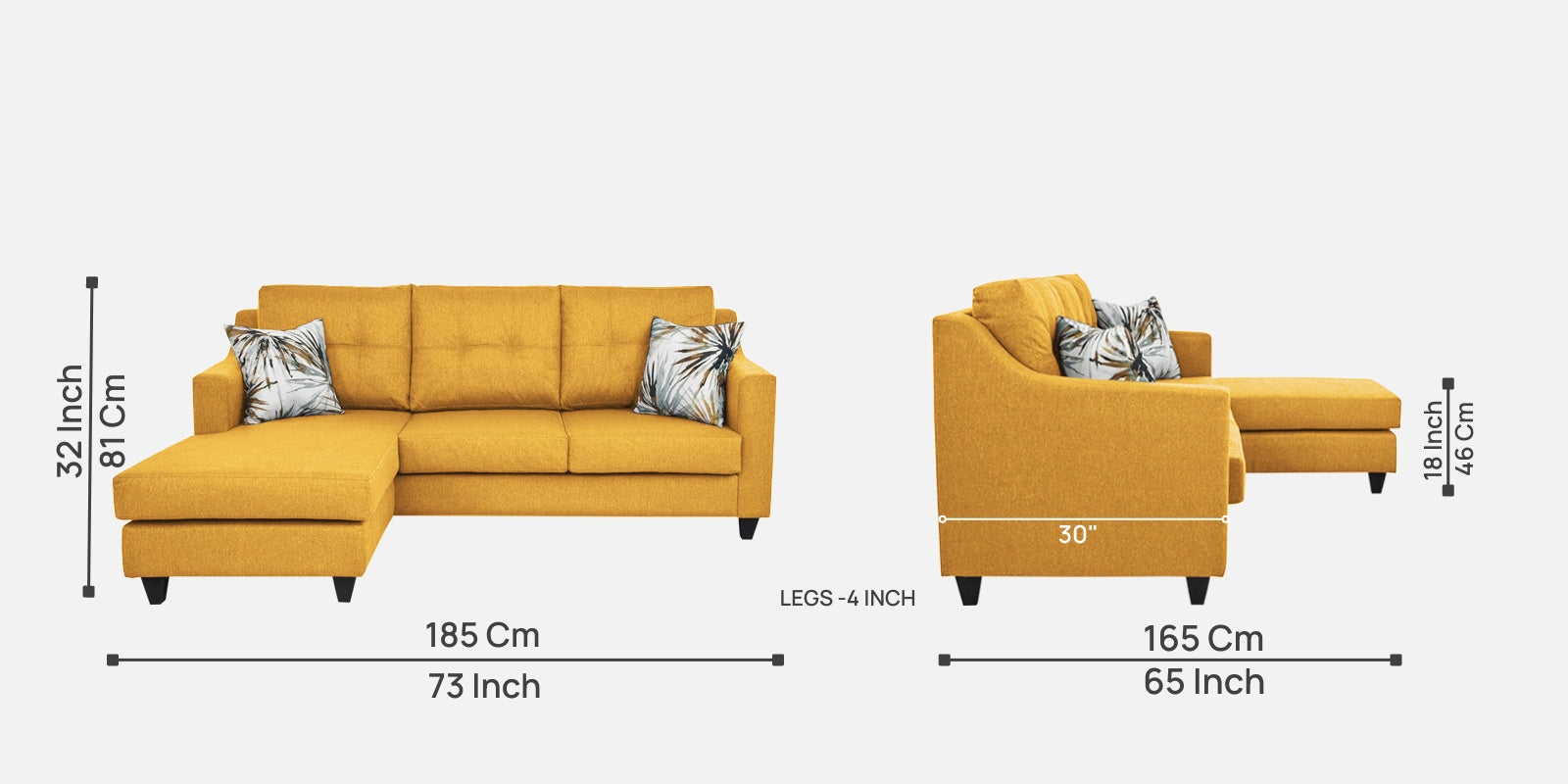 Welly Fabric RHS Sectional Sofa (2+Lounger) In Bold Yellow Colour - Febonic Living