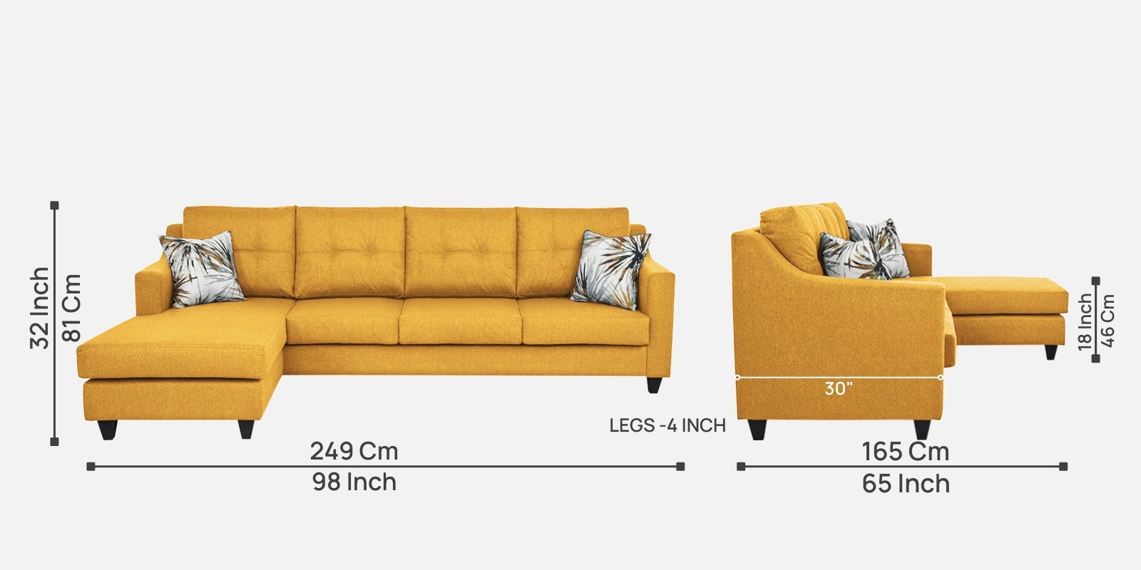 Welly Fabric RHS Sectional Sofa (3+Lounger) In Bold Yellow Colour - Febonic Living