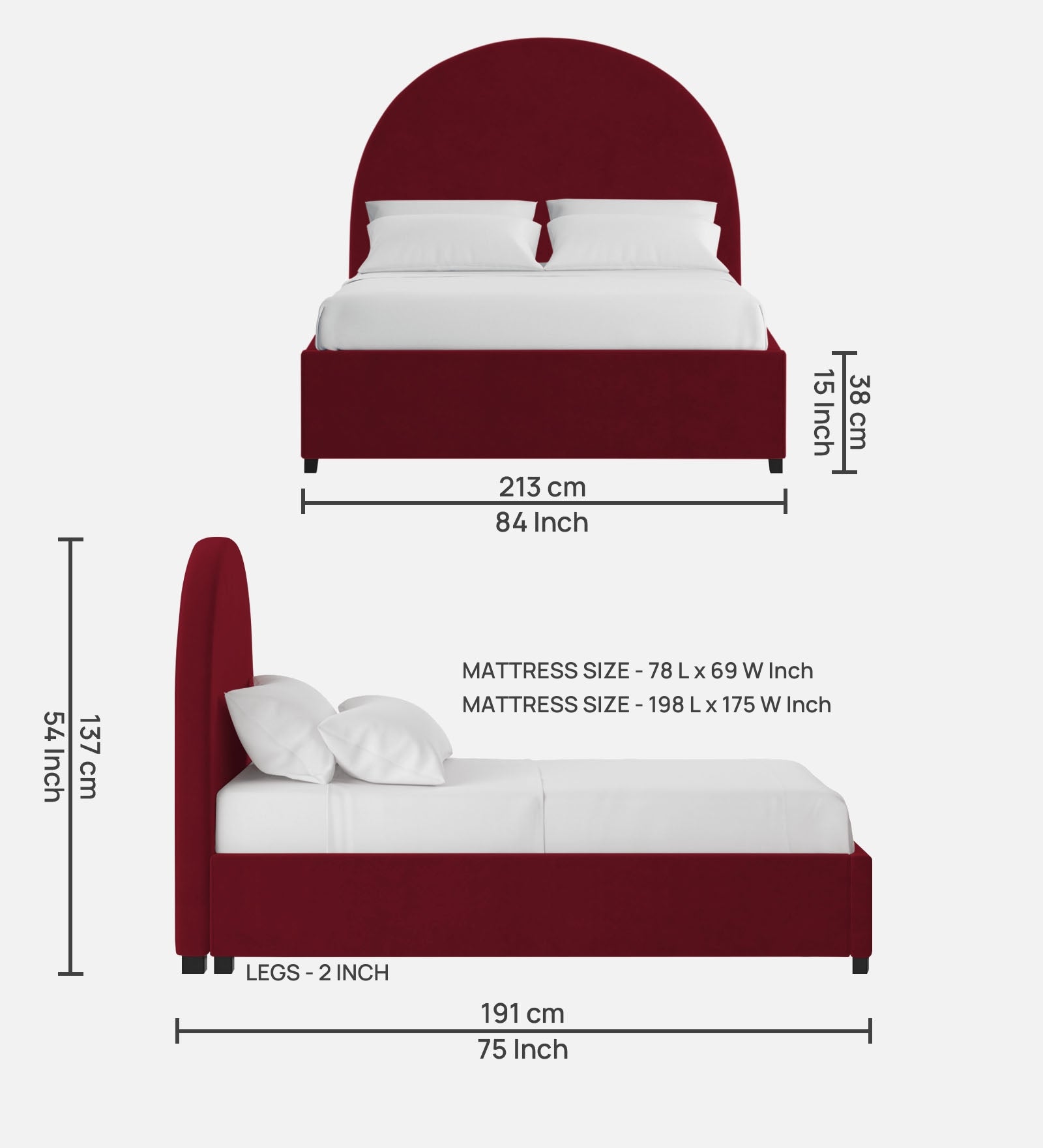 Maro Velvet King Size Bed In Dark Maroon Colour - Febonic Living