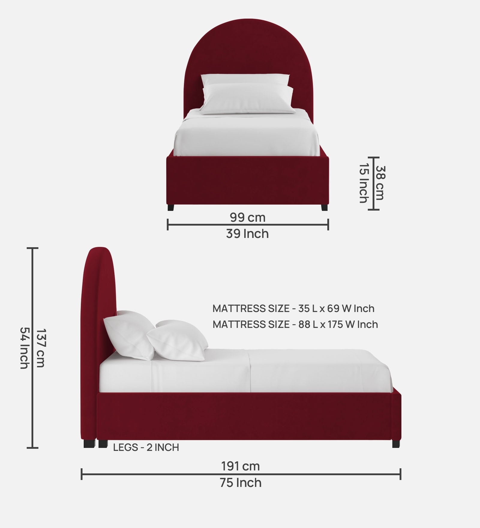 Maro Velvet Single Size Bed In Dark Maroon Colour - Febonic Living