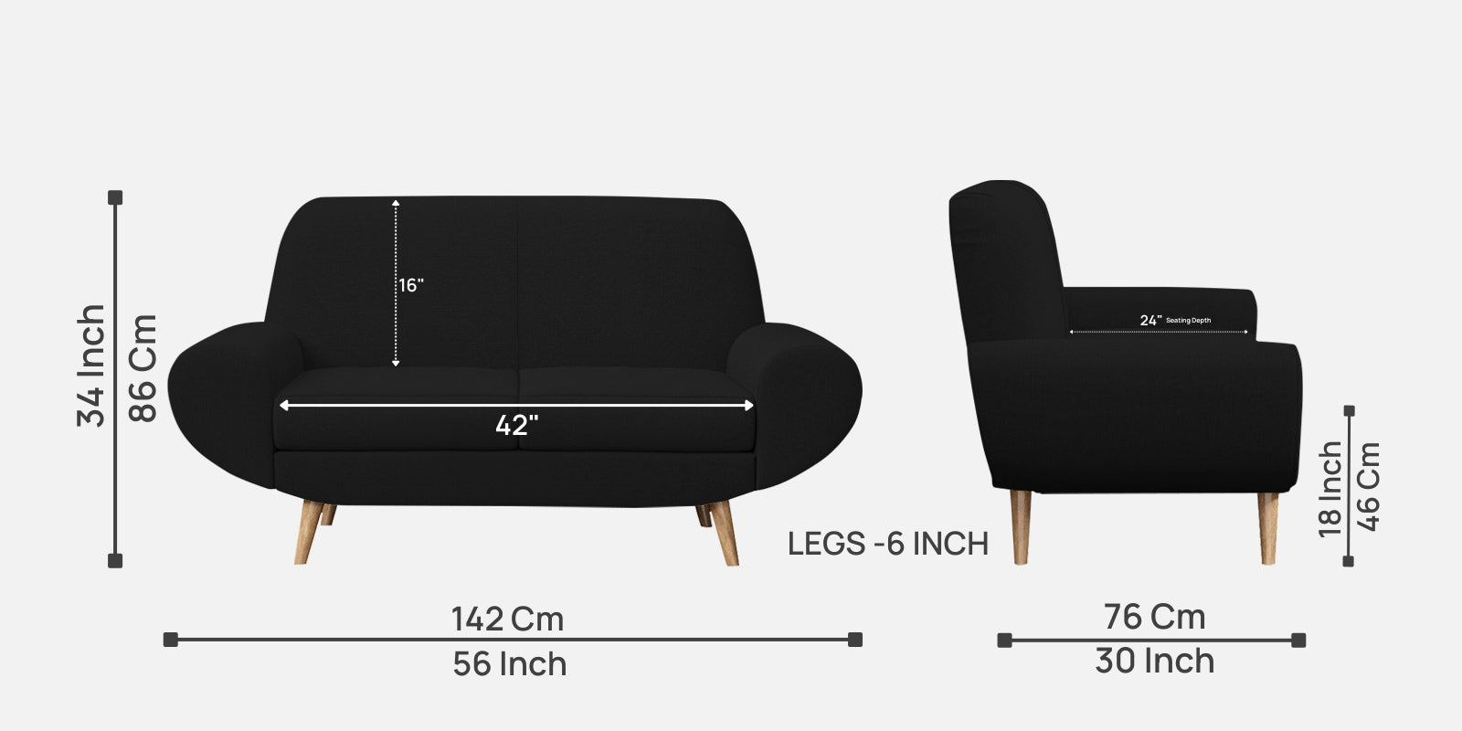 Jessy Fabric 2 Seater Sofa In Zed Black Colour - Febonic Living