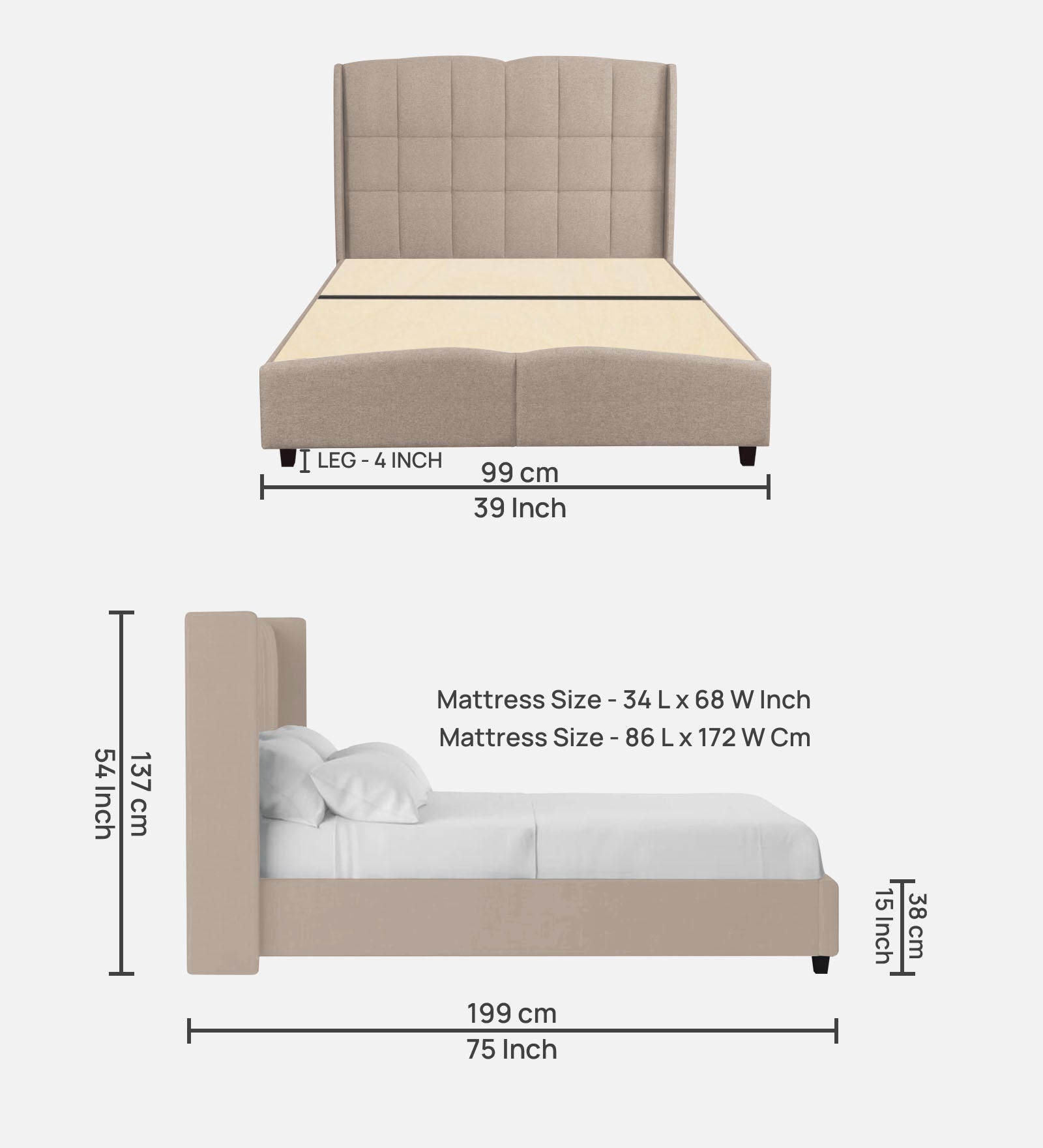 Jovi Velvet Single Size Bed In Camel Beige Colour