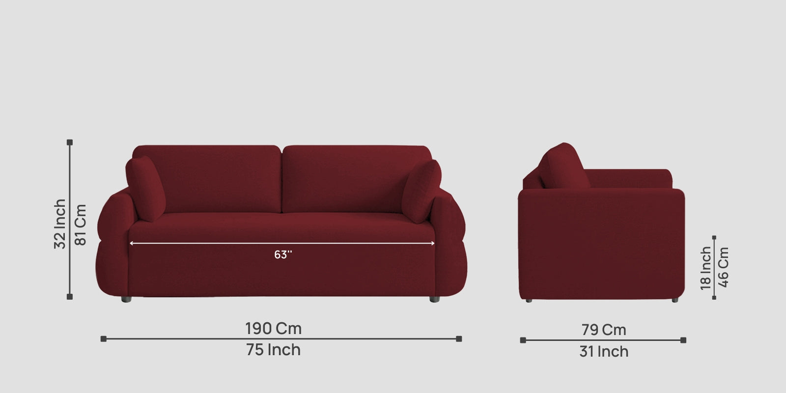 Jack Fabric 3 Seater Sofa In Blood Maroon Colour - Febonic Living