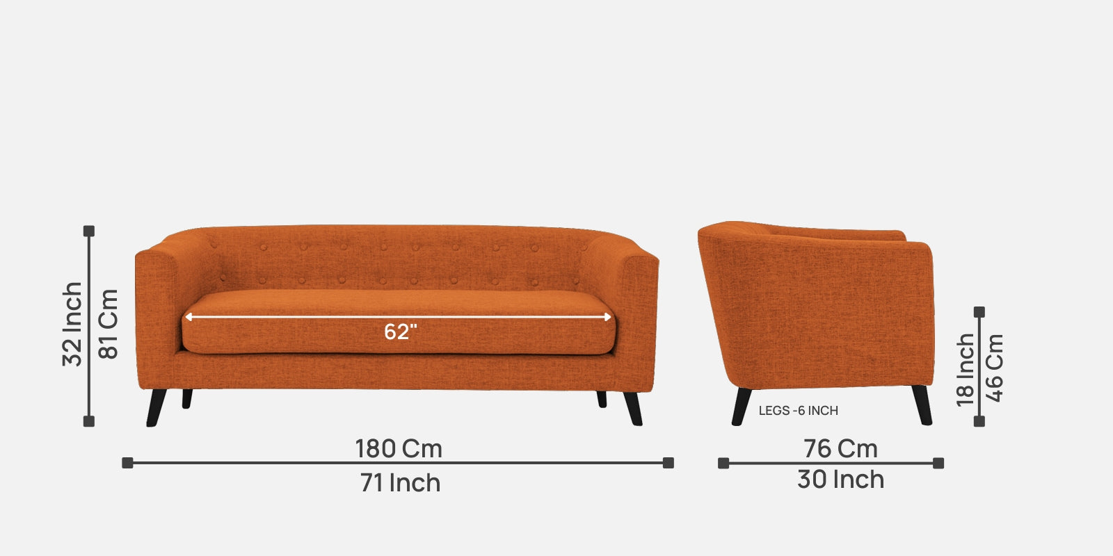 Casper Fabric 3 Seater Sofa In Vivid Orange Colour - Febonic Living