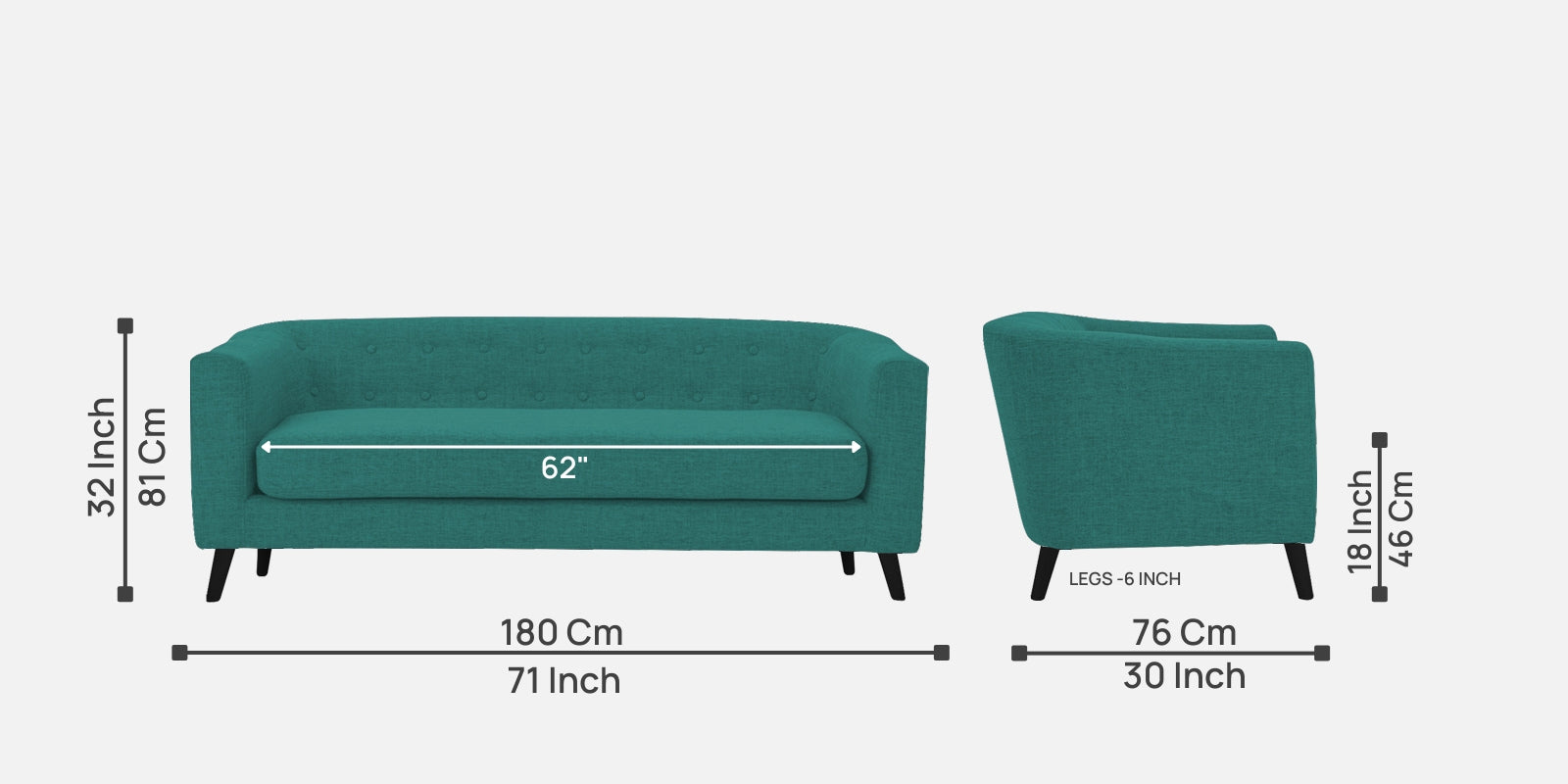 Casper Fabric 3 Seater Sofa In Sea Green Colour - Febonic Living