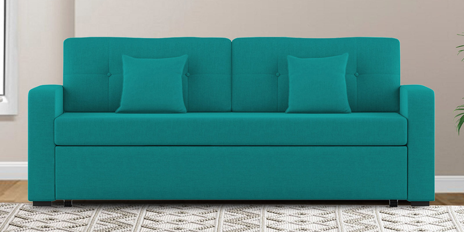 Rocky Fabric 3 Seater Pull Out Sofa Cum Bed In Sea Green Colour With Storage - Febonic Living