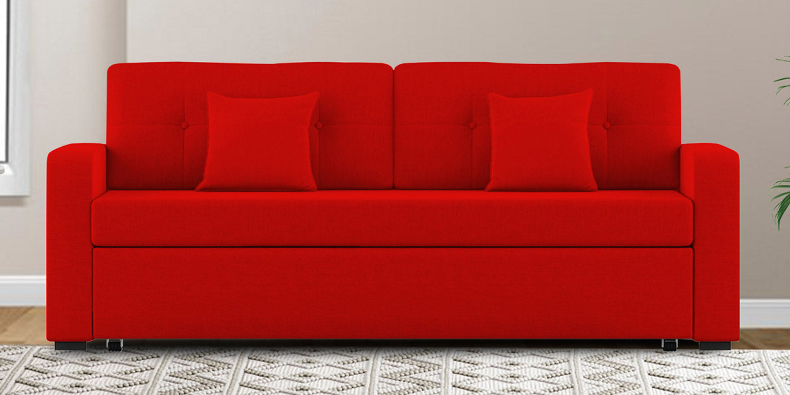 Rocky Fabric 3 Seater Pull Out Sofa Cum Bed In Ruby Red Colour With Storage - Febonic Living