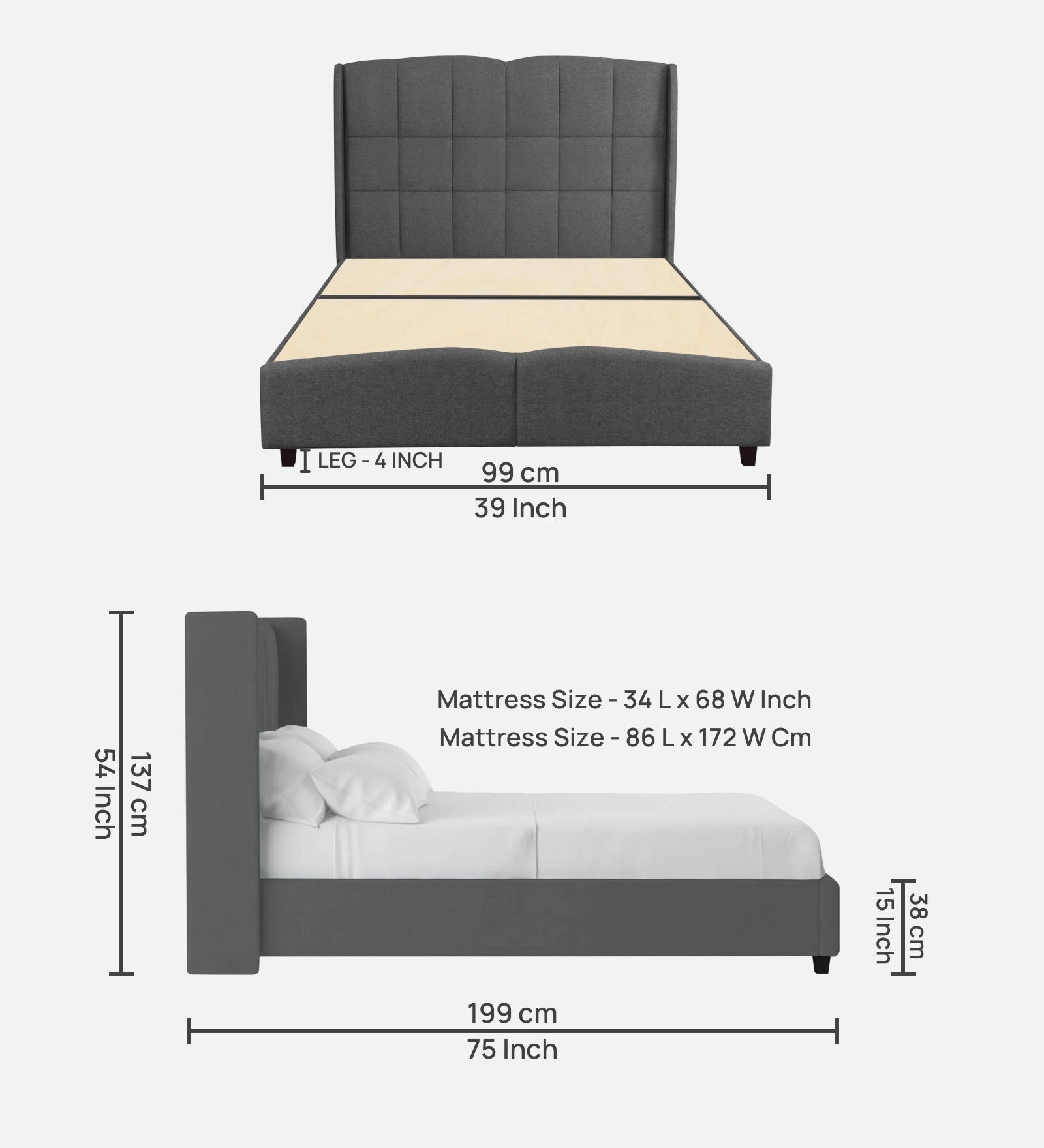 Jovi Velvet Single Size Bed In Davy Grey In Colour