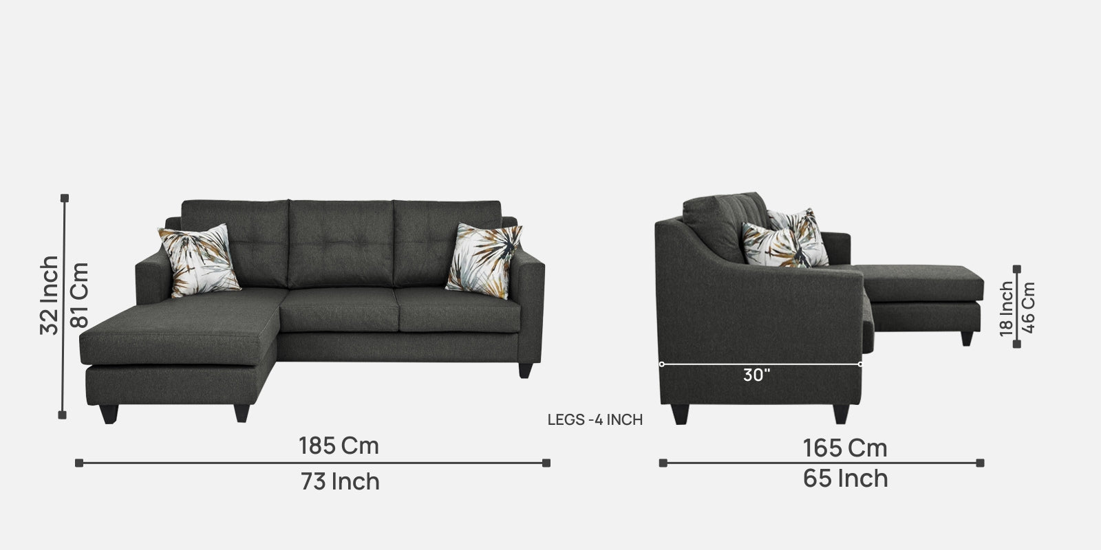 Welly Fabric RHS Sectional Sofa (2+Lounger) In Charcoal Grey Colour - Febonic Living