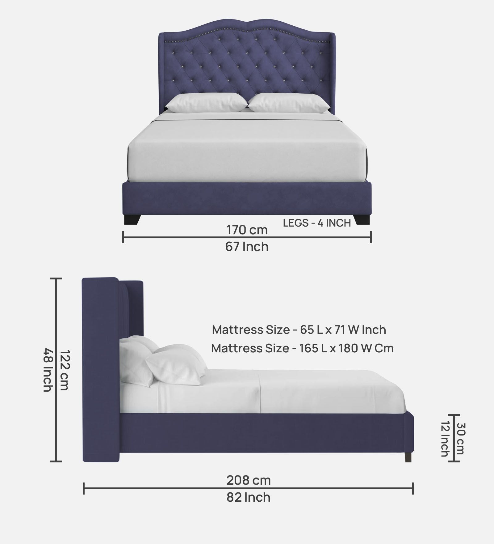 Blake Fabric Queen Size Bed in Slate Blue Colour - Febonic Living