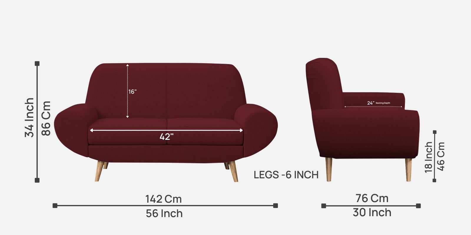 Jessy Fabric 2 Seater Sofa In Blood Maroon Colour - Febonic Living