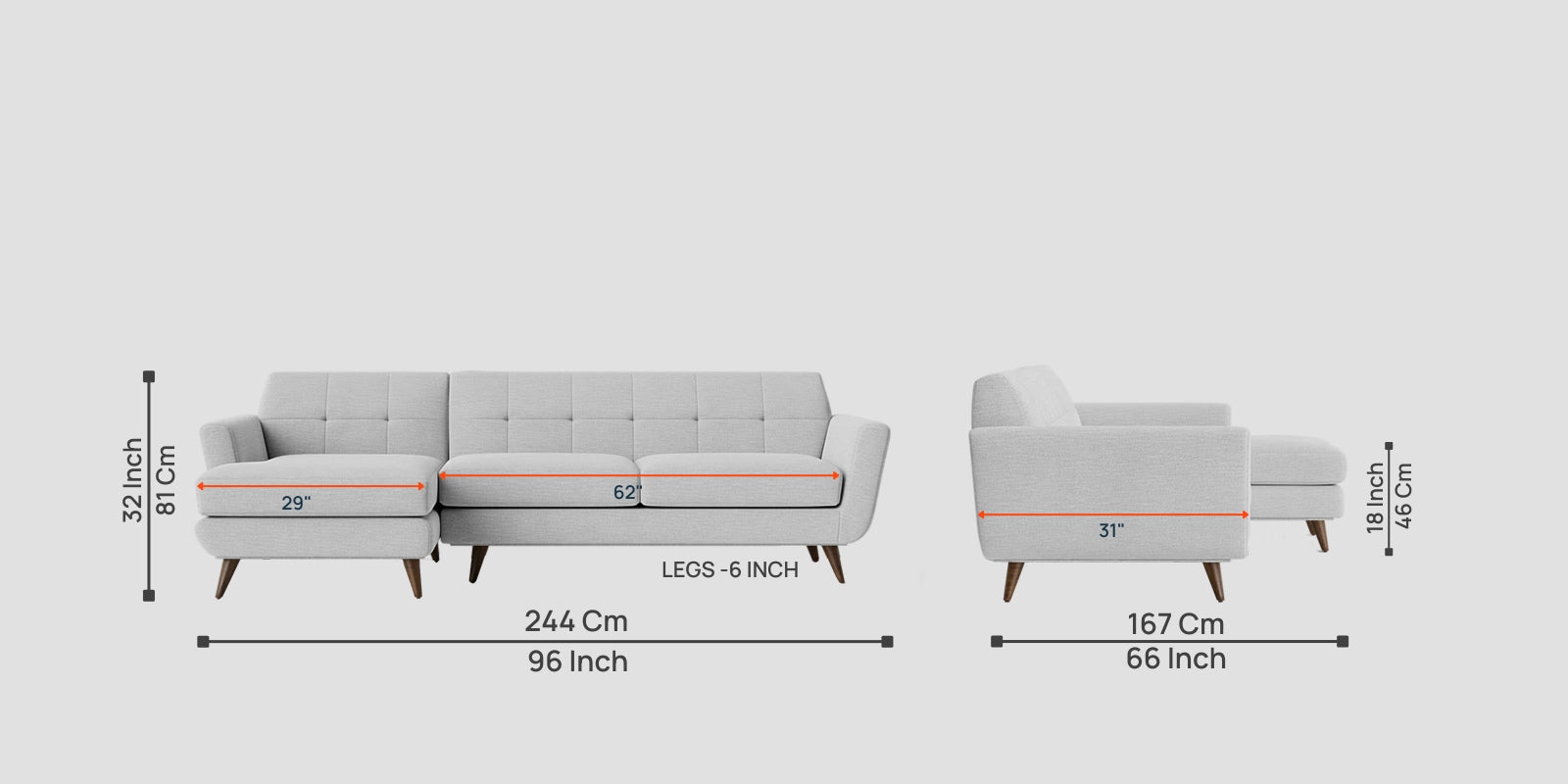 Jasmin Fabric RHS Sectional Sofa (3+ Lounger) In Lit Grey Colour - Febonic Living