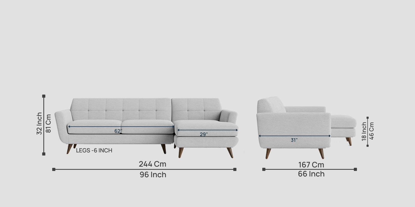 Jasmin Fabric LHS Sectional Sofa (3+ Lounger) In Lit Grey Colour - Febonic Living
