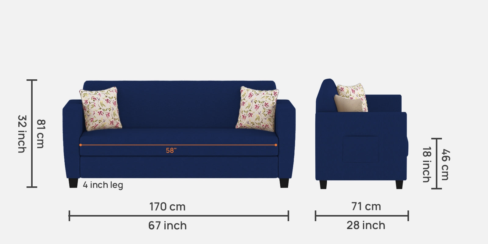 Gozi Fabric 3 Seater Sofa In Royal Blue Colour - Febonic Living