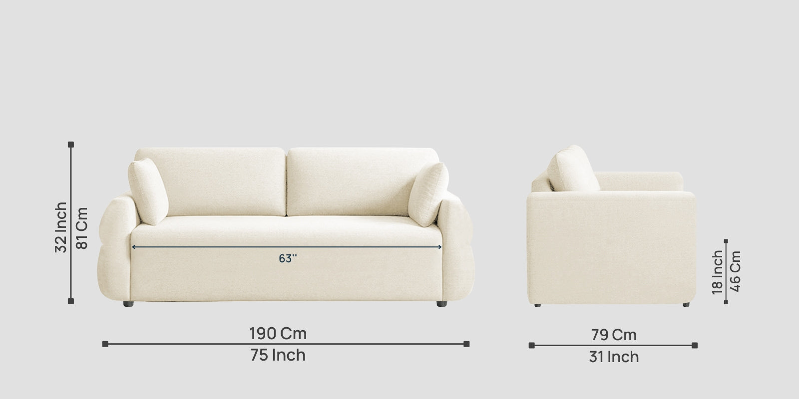 Jack Fabric 3 Seater Sofa In Ivory Cream Colour - Febonic Living