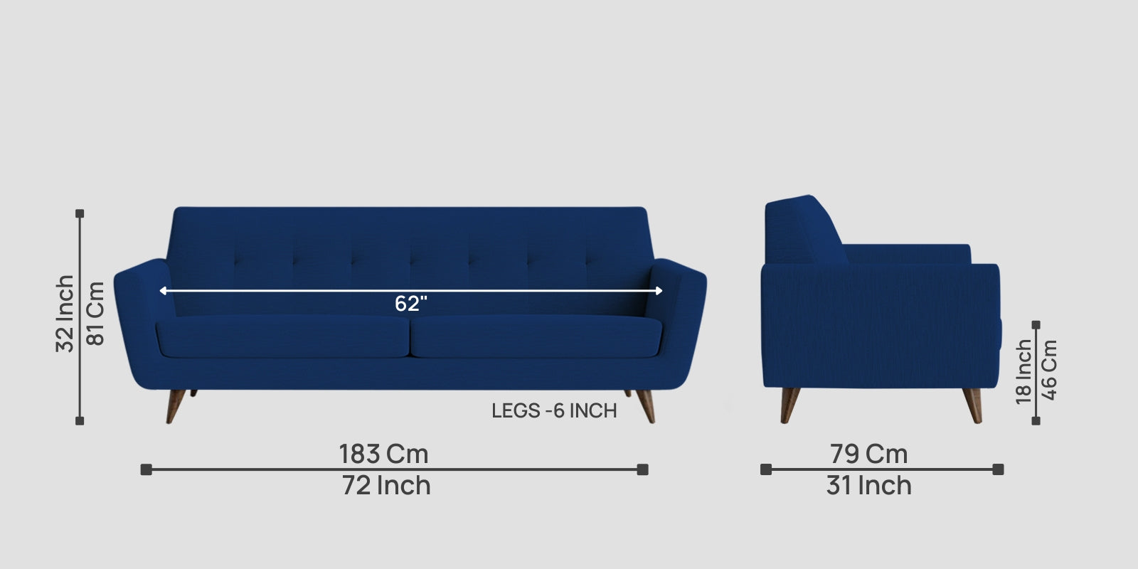 Jasmin Fabric 3 Seater Sofa In Royal Blue Colour - Febonic Living