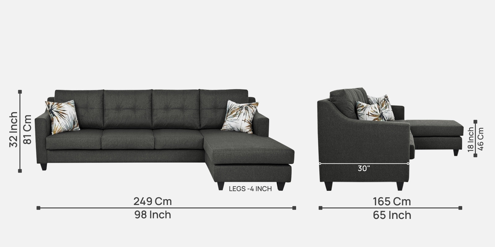 Welly Fabric LHS Sectional Sofa (3+Lounger) In Charcoal Grey Colour - Febonic Living