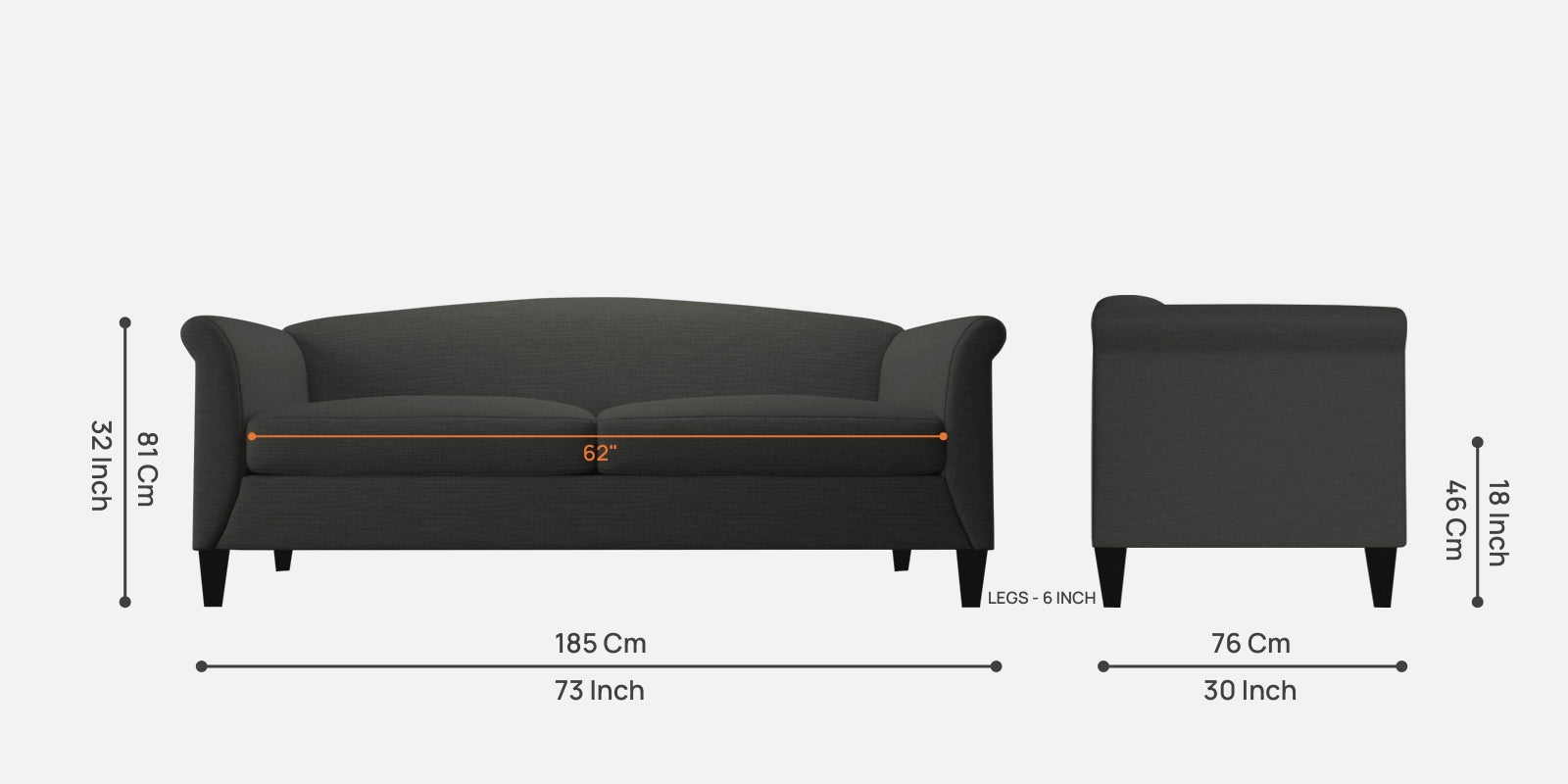Kimber Fabric 3 Seater Sofa In Charcoal Grey Colour - Febonic Living
