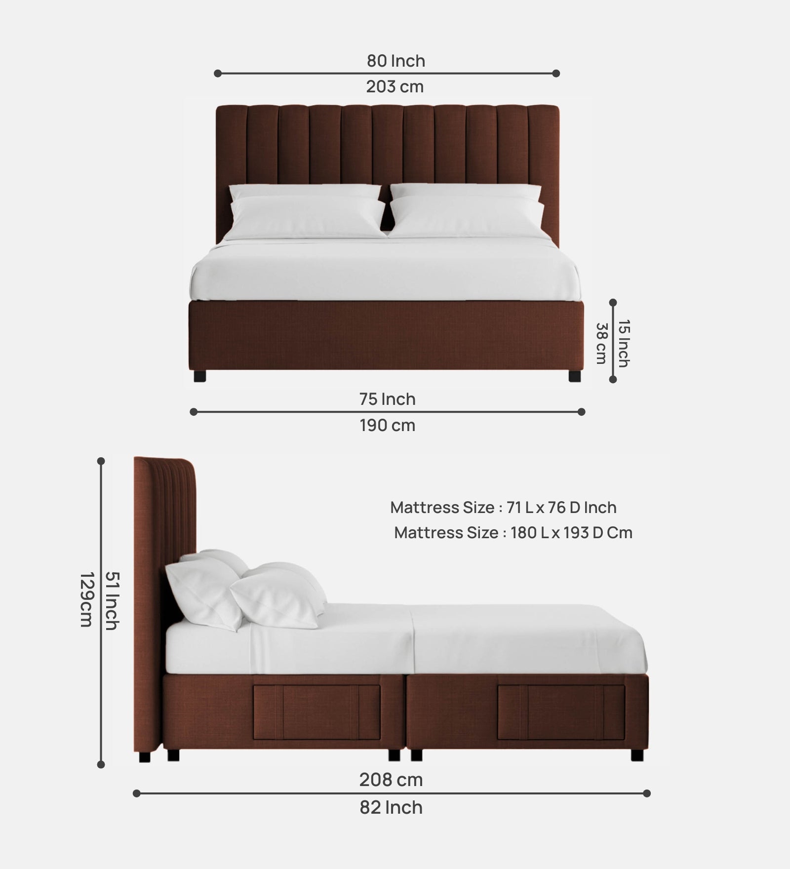 Nivi Fabric King Size Bed In Coffee Brown Colour With Drawer Storage - Febonic Living