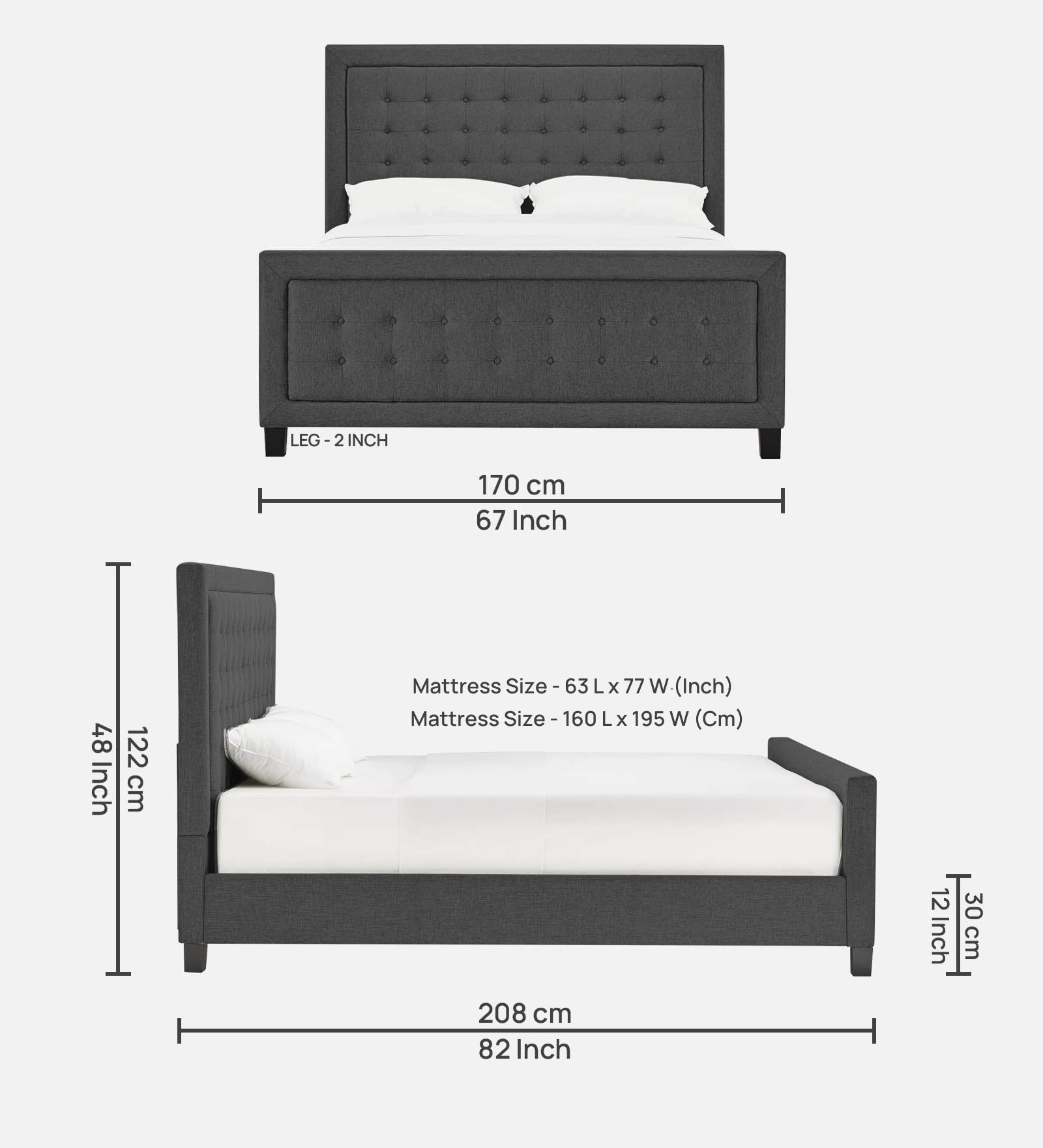 Kaster Fabric Queen Size Bed In Charcoal Grey Colour - Febonic Living