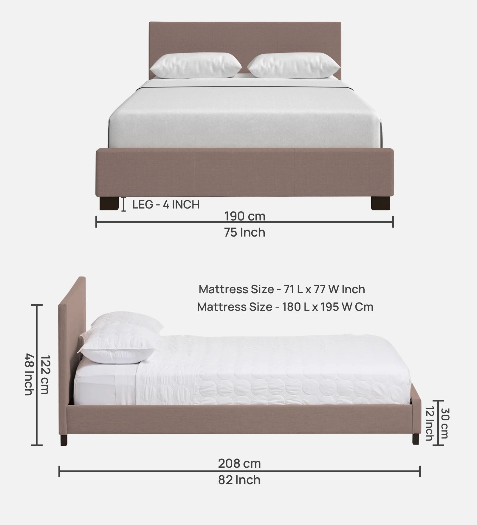 Lora Fabric King Size Bed in Kadhi Beige Colour - Febonic Living