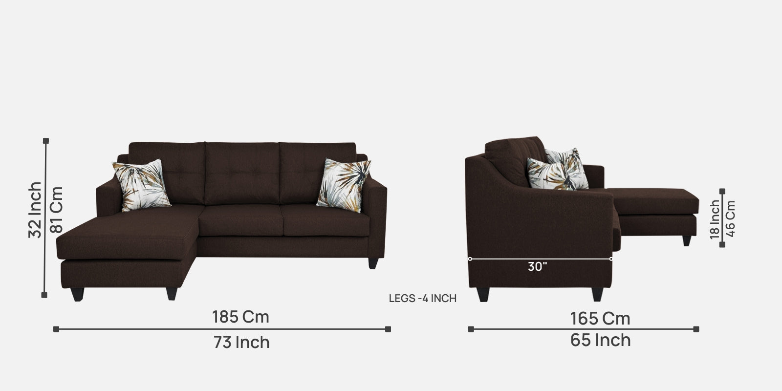 Welly Fabric RHS Sectional Sofa (2+Lounger) In Coffee Brown Colour - Febonic Living