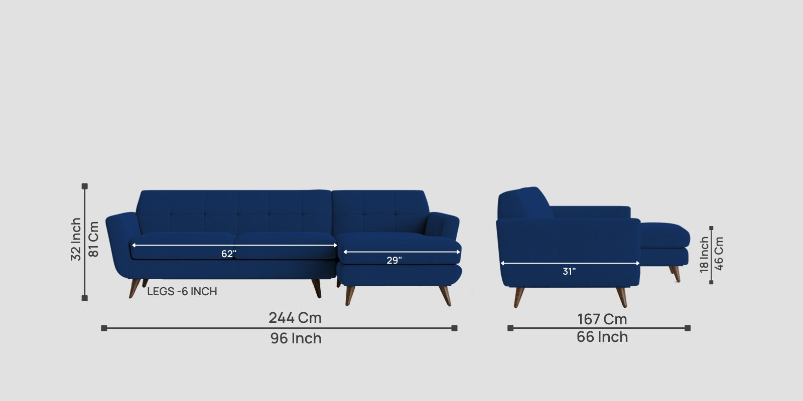 Jasmin Fabric LHS Sectional Sofa (3+ Lounger)In Royal Blue Colour - Febonic Living