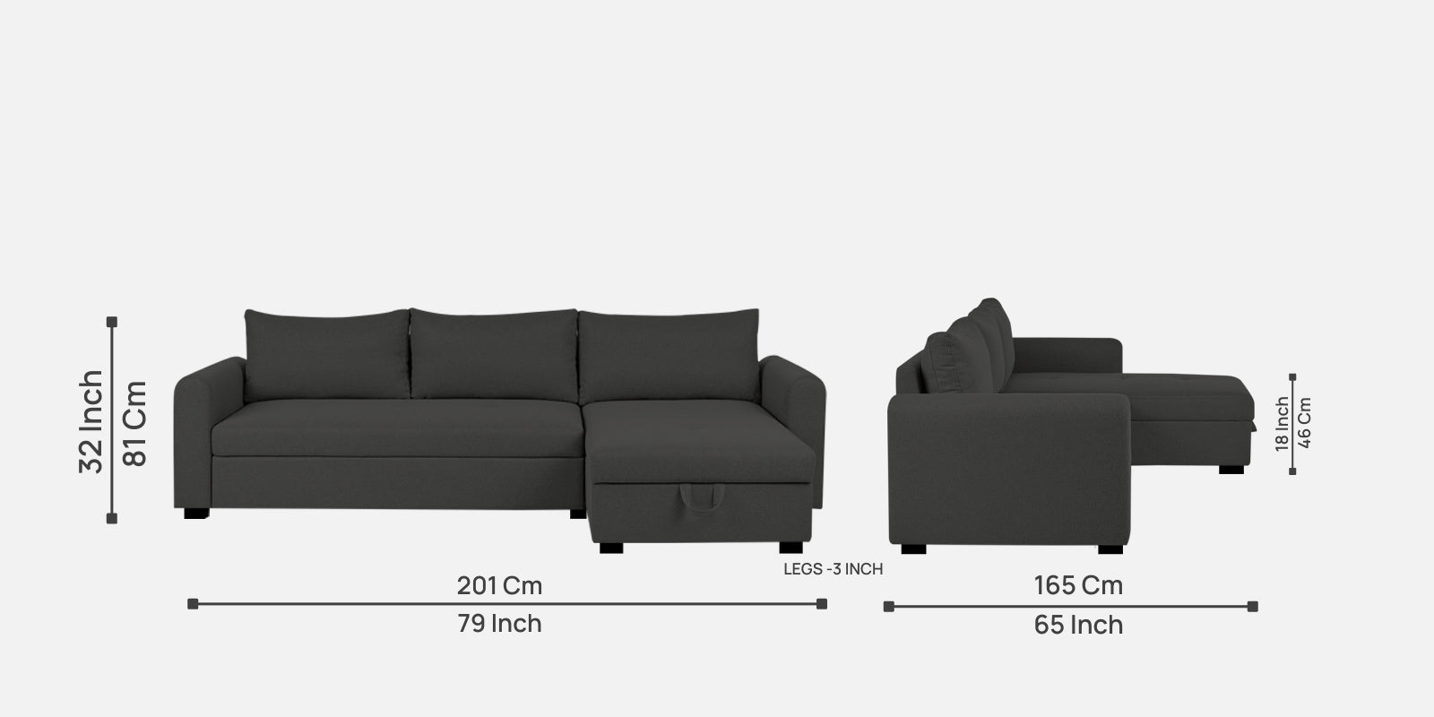Sigma Fabric LHS Sectional Sofa (3+Lounger) In Charcoal Grey Colour - Febonic Living