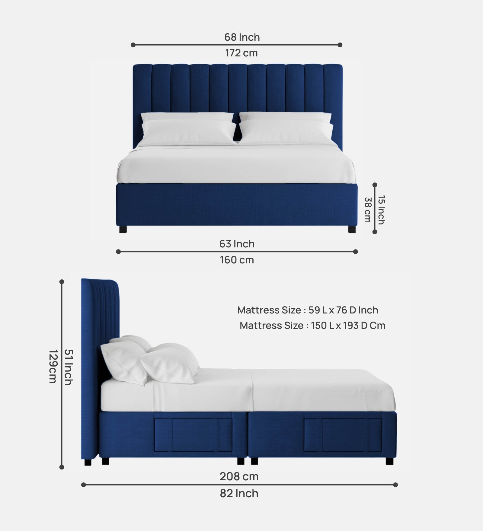 Nivi Fabric Queen Size Bed in Royal Blue Colour with Drawer Storage - Febonic Living