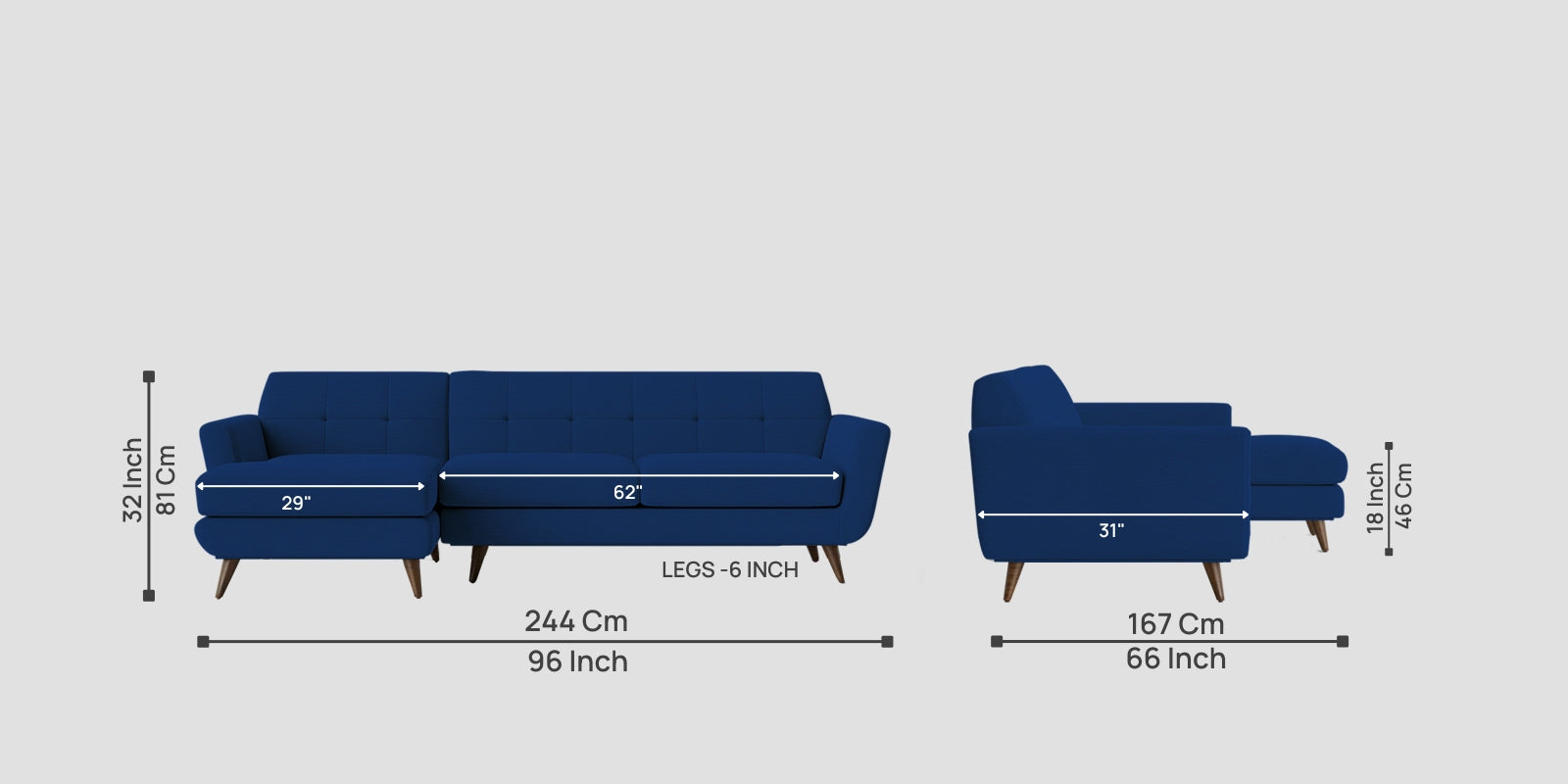 Jasmin Fabric RHS (3+ Lounger) Sectional Sofa (3+ Lounger) In Royal Blue Colour - Febonic Living