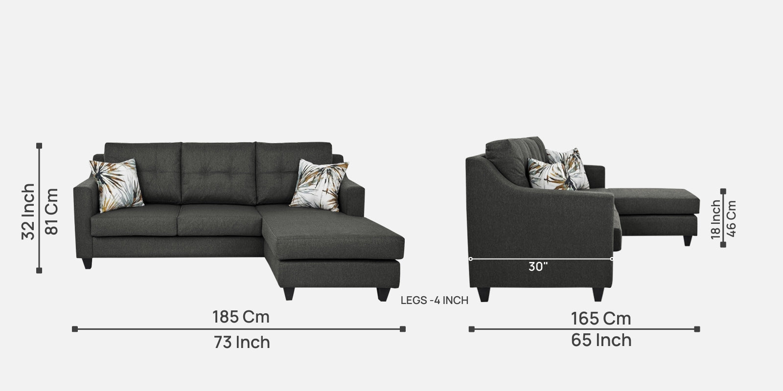 Welly Fabric LHS Sectional Sofa (2+Lounger) In Charcoal Grey Colour - Febonic Living