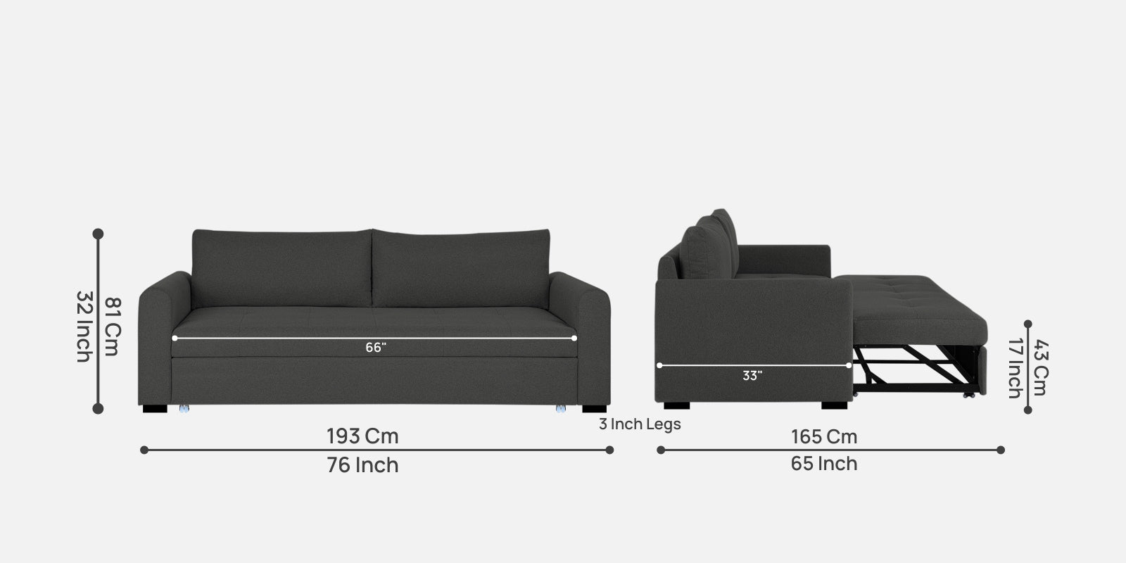 Sigma Fabric 3 Seater Pull Out Sofa Cum Bed In Charcoal Grey Colour - Febonic Living