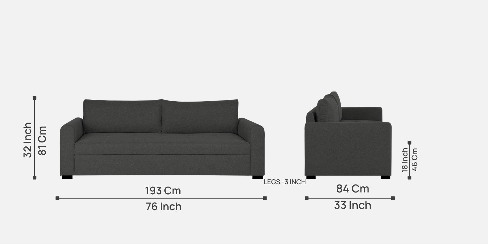 Sigma Fabric 3 Seater Sofa In Charcoal Grey Colour - Febonic Living