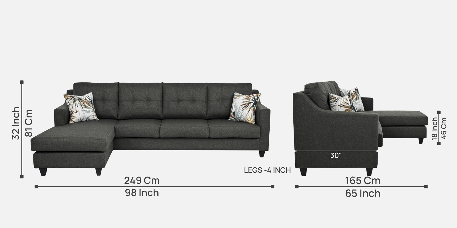 Welly Fabric RHS Sectional Sofa (3+Lounger) In Charcoal Grey Colour - Febonic Living
