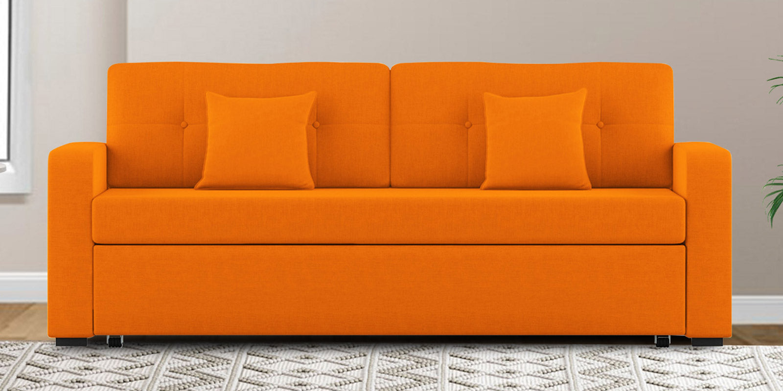 Rocky Fabric 3 Seater Pull Out Sofa Cum Bed In Vivid Orange Colour With Storage - Febonic Living