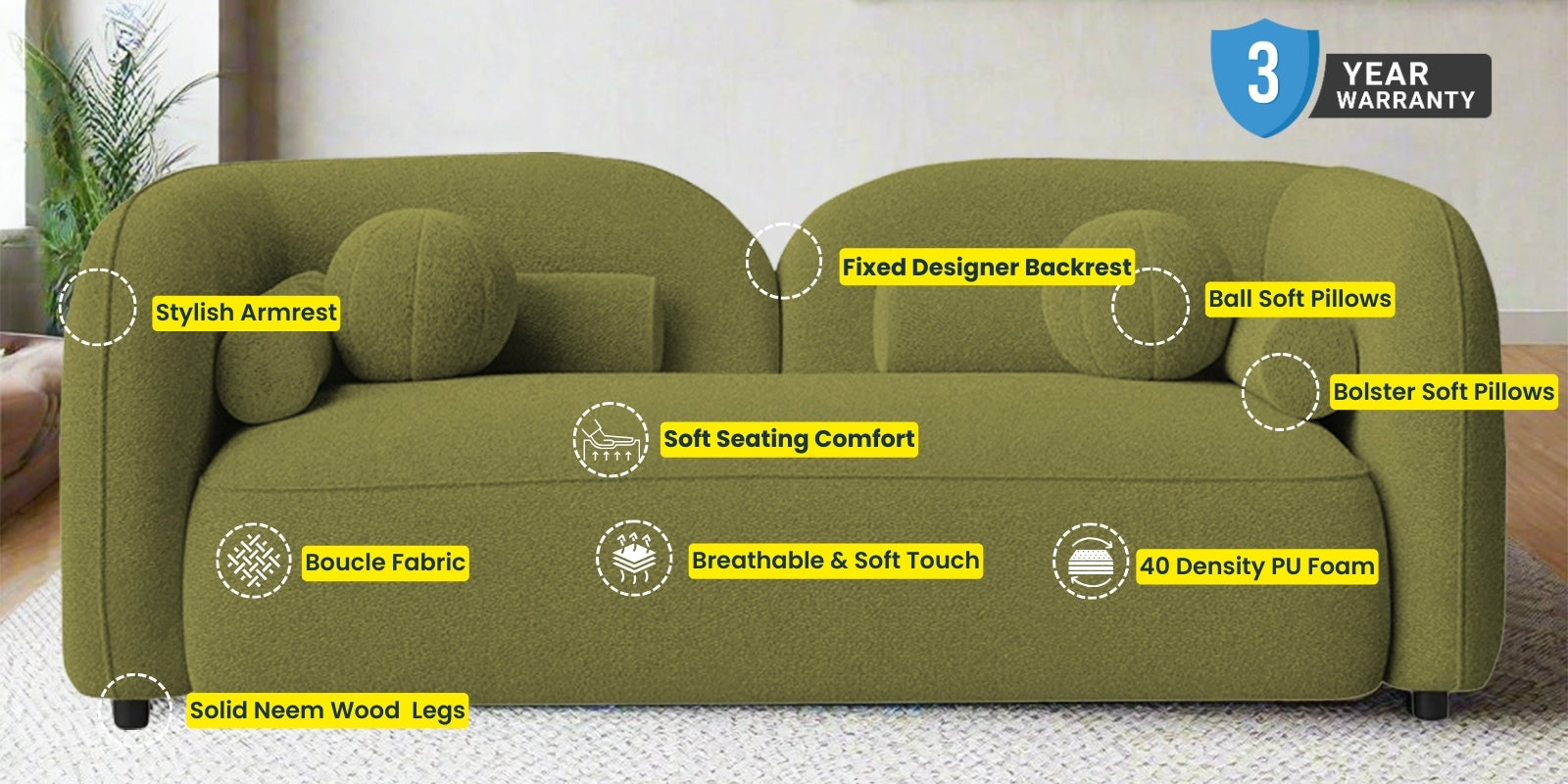 Corny Boucle Fabric 2 Seater Sofa In Stormy Blue Colour - Febonic Living