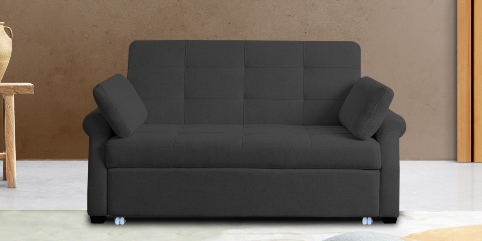 Fornia Fabric 2 Seater Pull Out Sofa Cum Bed In Charcoal Grey Colour - Febonic Living