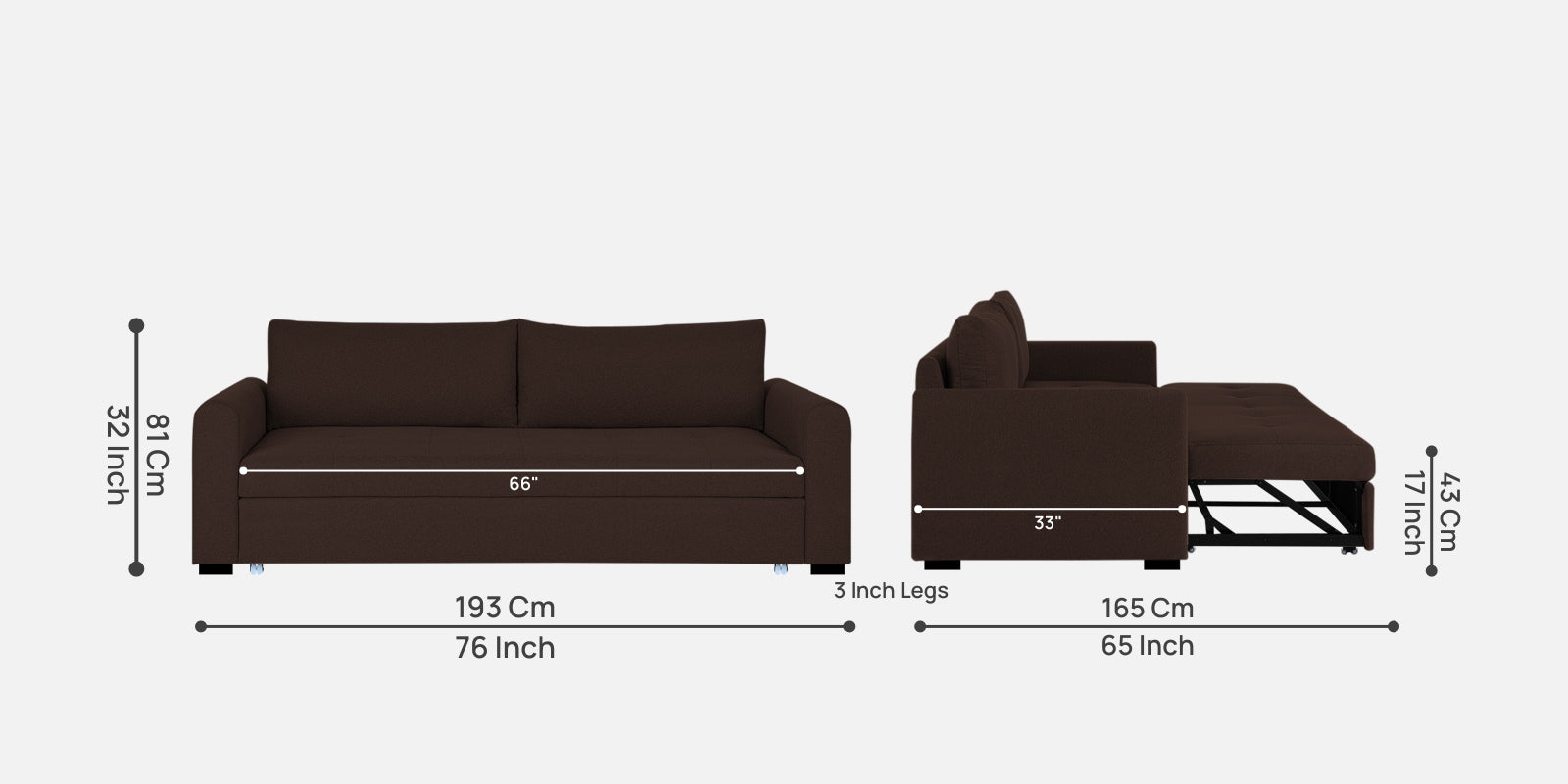 Sigma Fabric 3 Seater Pull Out Sofa Cum Bed In Coffee Brown Colour - Febonic Living