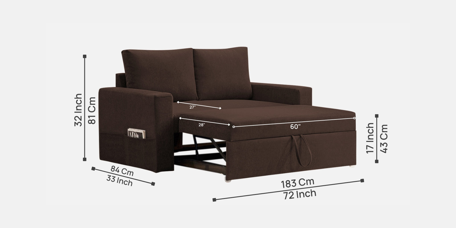 Kara Fabric 2 Seater Pull Out Sofa Cum Bed In Coffee Brown Colour - Febonic Living
