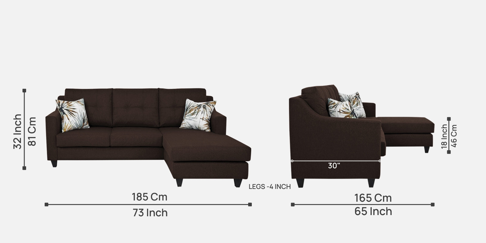 Welly Fabric LHS Sectional Sofa (2+Lounger) In Coffee Brown Colour - Febonic Living