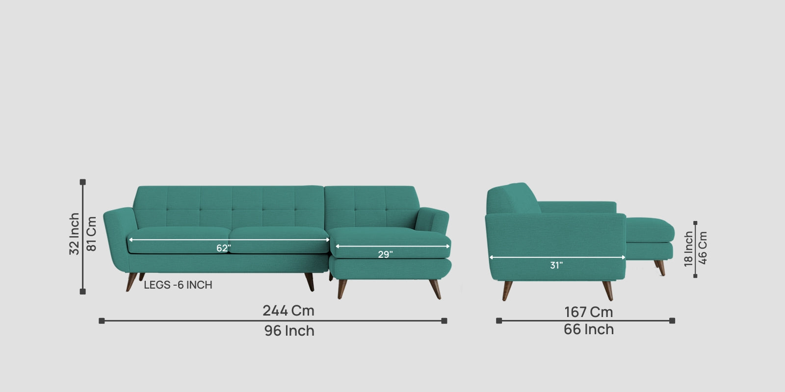Jasmin Fabric LHS Sectional Sofa (3+ Lounger) In Sea Green Colour - Febonic Living