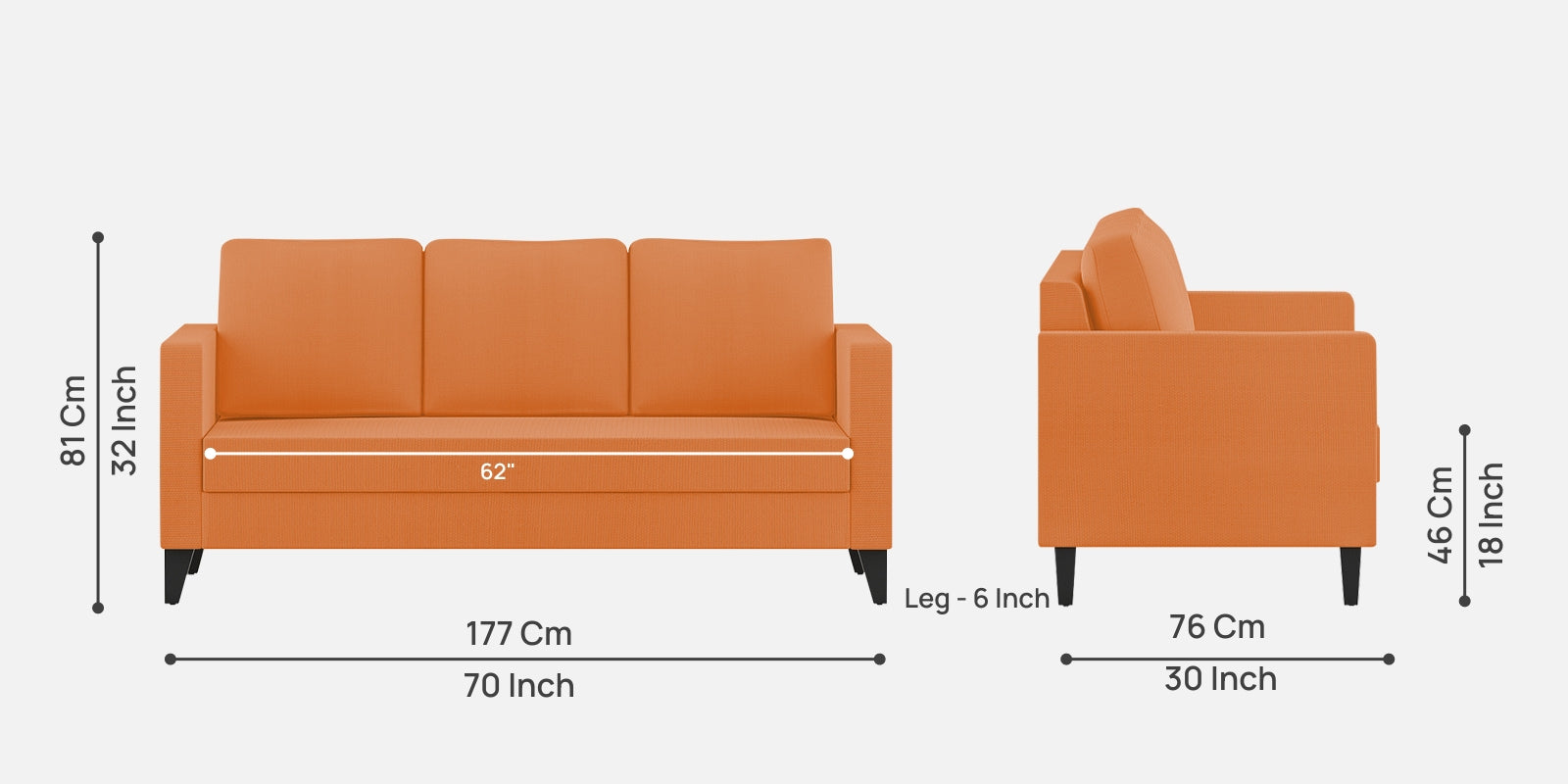 Nori Fabric 3 Seater Sofa In Dark Orange Colour - Febonic Living